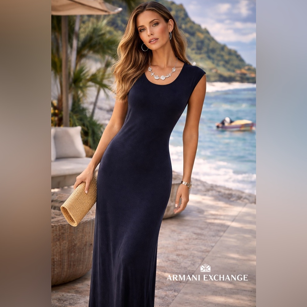 Armani Exchange Navy Dress Sleek Minimalist Stretch Knit Resort Chic,Size XS